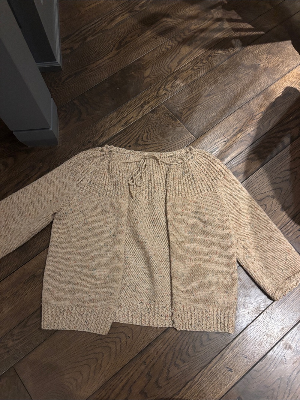 Neutral Speckled Cream Knit Cardigan with Tie Neck